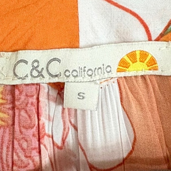 C&C California Women Floral Print Blouse Tunic Small Orange Boho Tropical Ruffle - Picture 3 of 5